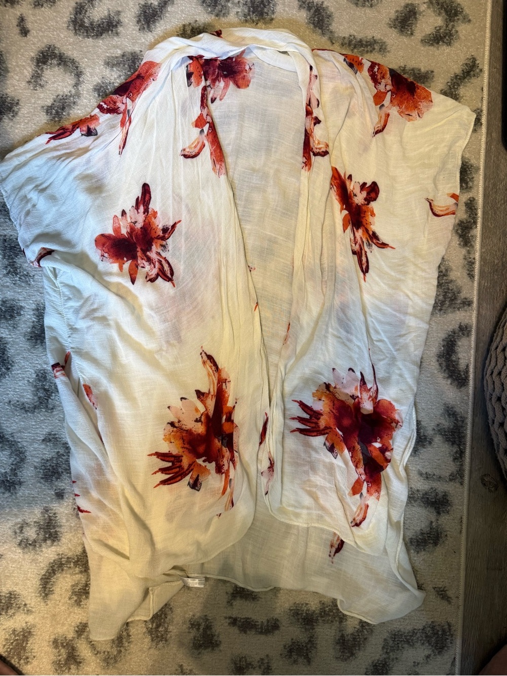 White Floral Open-Front Shrug with Red-Orange Blooms